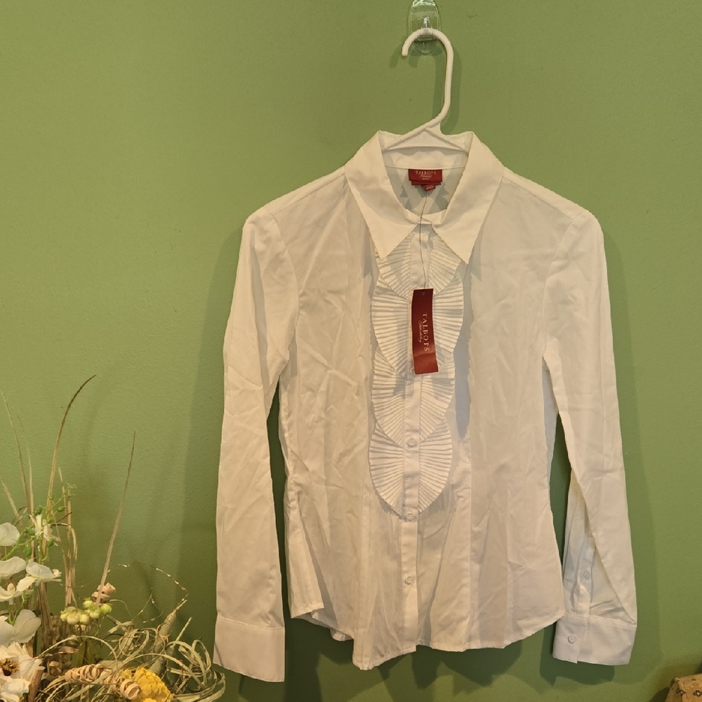 Talbots White Button Down Shirt with Ruffle Front